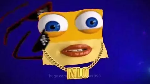 Animated yellow character named Milo with blue eyes, rapping, against a colorful, flashing background.