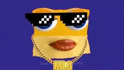 Cartoon yellow face with large eyes and gold chain, wearing pixelated sunglasses, against an indigo background.