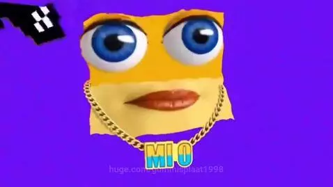 Animated character with realistic blue eyes and mouth, initially wearing pixelated sunglasses, against an indigo background.