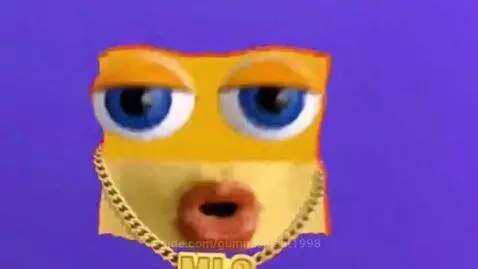 Yellow cardboard character with realistic blue eyes and red lips, wearing pixelated sunglasses and a gold chain.