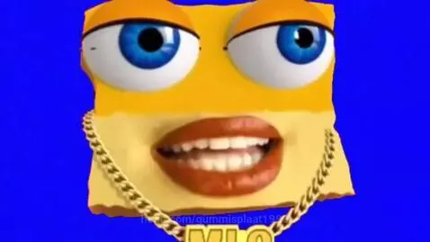 Animated yellow square character named Yamlo with realistic blue eyes and sunglasses, wearing a gold chain against a blue background.