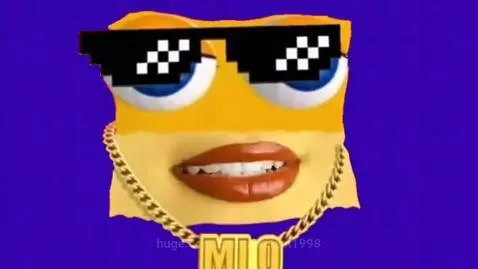 Stylized animated character Miéu with blue eyes, pixelated sunglasses, and gold chain, speaking Vietnamese.