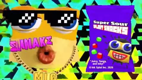 A yellow cartoon character with sunglasses and gold chain raps in front of a vibrant, geometric, shifting background, promoting Super Sour Splat Snacks.