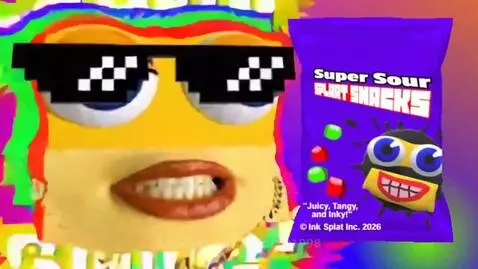 Cartoon character with sunglasses and gold chain next to a bag of Super Sour Splat Snacks.