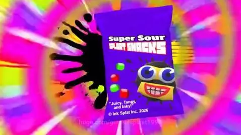Animated character with sunglasses and chain rapping in front of a psychedelic, colorful background, promoting Super Sour Splaat Snacks.