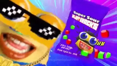 Animated character with sunglasses and gold chain rapping about Super Sour Splaat Snacks.