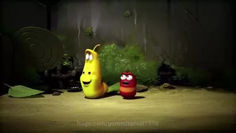 Two animated larva characters, one yellow and one red, in a cave setting. The yellow larva is holding a cup of tea.