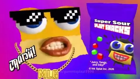 A YTP-style ad for Super Sour Splaat Snacks featuring a cardboard face with sunglasses and a gold chain.
