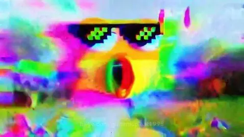 Cartoon character with sunglasses and gold chain eats a mushroom, leading to a psychedelic, colorful, and chaotic animation.