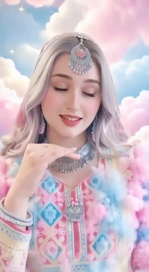 Ethereal woman with long light hair and blue eyes, wearing a colorful traditional outfit and silver jewelry, smiling against pink and blue clouds.