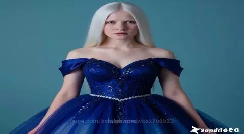 Woman with long white hair wearing an off-the-shoulder dark blue ball gown with embroidery and a sparkling belt, against a blue background.