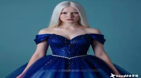 Woman with long white hair wearing an off-the-shoulder royal blue ball gown with beaded belt and glittery tulle skirt.