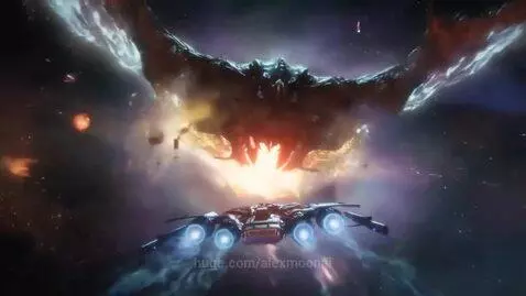 Futuristic starship flying through a colorful nebula towards a red planet with a cosmic entity in the background.