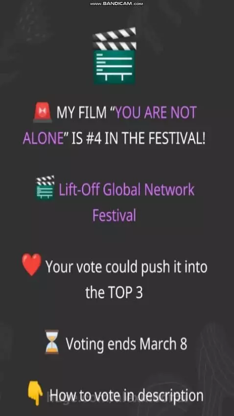 Promotional graphic for 'You Are Not Alone' film, currently #4 in Lift-Off Festival, encouraging votes to reach Top 3.