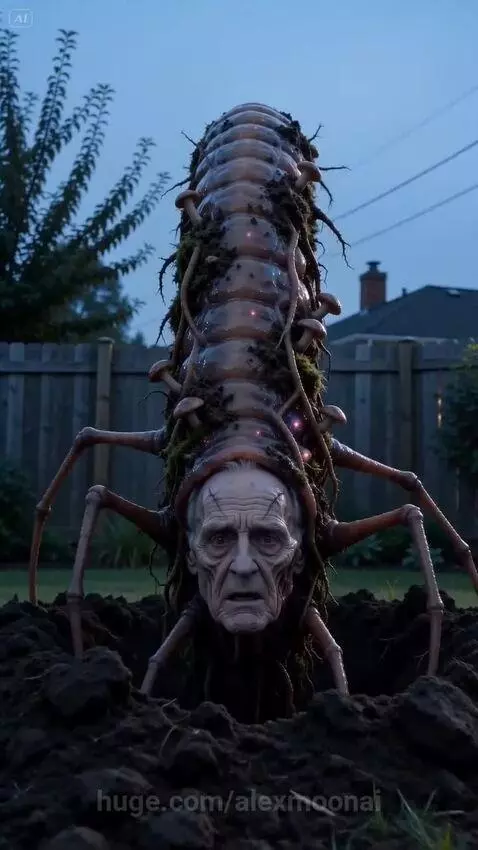 A large, disturbing worm-like creature with a human face emerges from dark soil, startling a golden retriever.