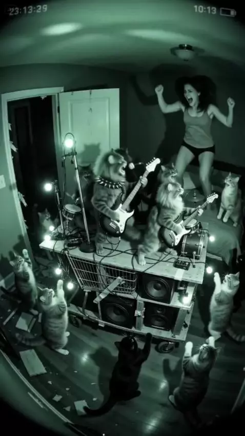 A heavy metal cat band with miniature guitars and drums on a cart plays in a bedroom for a startled person.