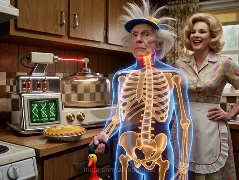Elderly man in a kitchen with a colorful hat, holding a pie, gets zapped by a laser machine, his hair standing on end.