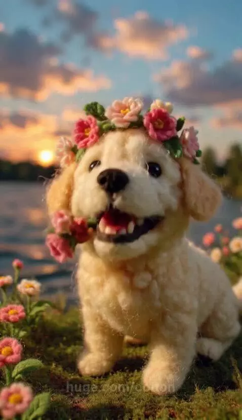 Small fluffy dog wearing a flower crown and holding flowers, sitting by water with a sunset background.