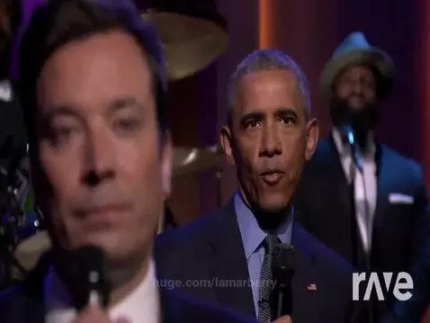 President Barack Obama on stage with Jimmy Fallon and The Roots, discussing his presidency.