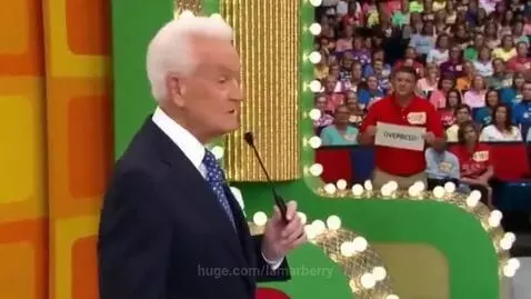 Bob Barker on The Price Is Right stage holding a microphone, with an audience member holding an 'OVERPRICED!' sign.