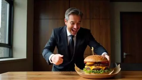Man in suit with elephant mask jumping on table after burger explodes with cheese and smoke.