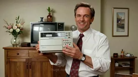 Man in 1989 holding a beige Sony VCR, demonstrating its features in a living room setting.