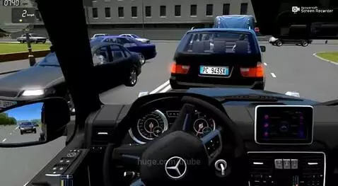 First-person view from the driver's seat of a black Mercedes-Benz G-Wagen driving through a city.