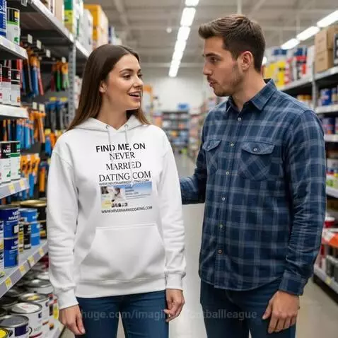 Woman in 'FIND ME ON NEVER MARRIED DATING.COM' hoodie talks to a man in a store.