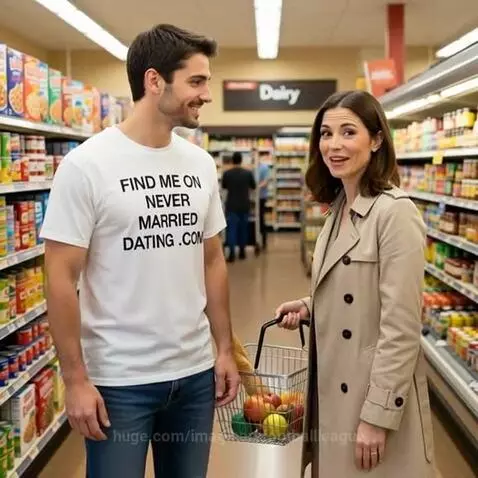 Man and woman smiling, both wearing shirts with 'Never Married Dating.com' logo.