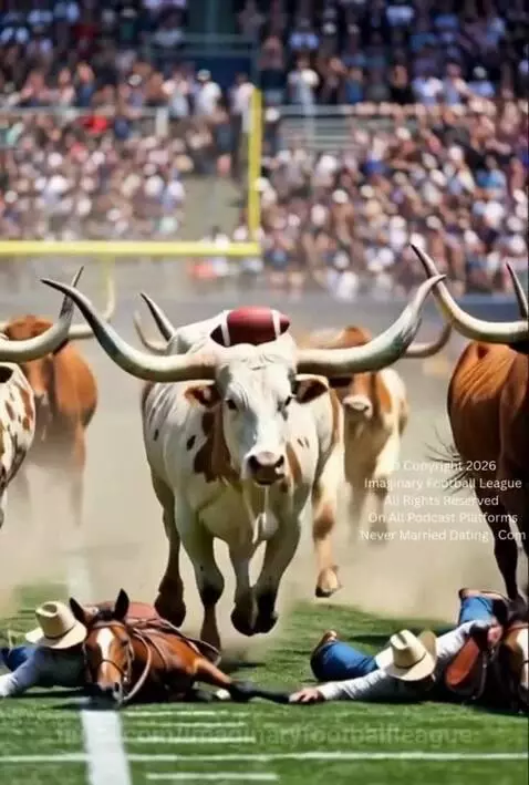 Cowboys on horses playing football against bulls in helmets during a frontier championship game.