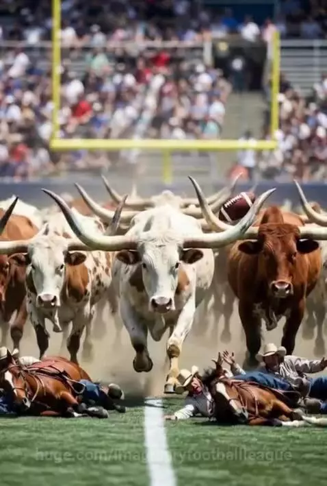 Cowboys on horses playing football against bulls in helmets during a frontier championship game.