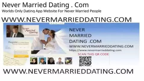 Screenshot of Never Married Dating app interface and promotional merchandise.