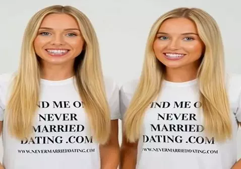 Two women holding up shirts and hoodies for NeverMarriedDating.com, promoting a new way to date.