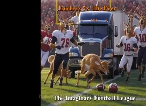Animated deer in football uniforms playing a game against semi-trucks on a stadium field.