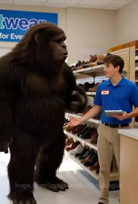 Bigfoot trying on black sneakers labeled 'BigFoot Special - Size 24' in a shoe store.