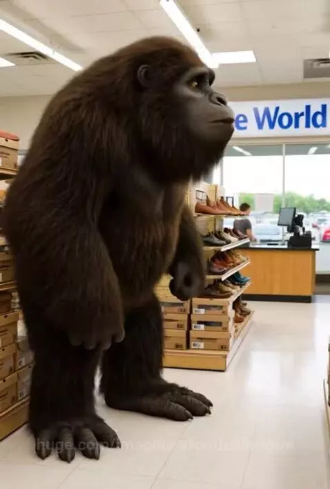 Bigfoot trying on a comically small shoe at Shoe World, looking disappointed.