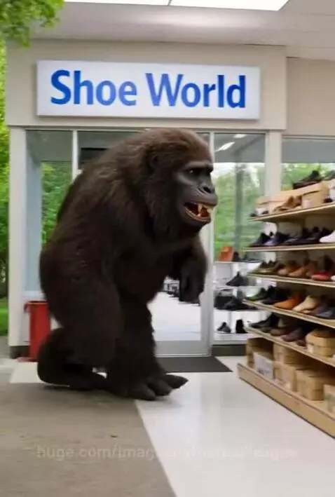 Bigfoot trying on a comically small shoe at Shoe World, looking disappointed.