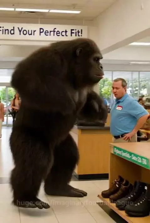 Bigfoot in a shoe store, holding a large black boot and looking at his foot.