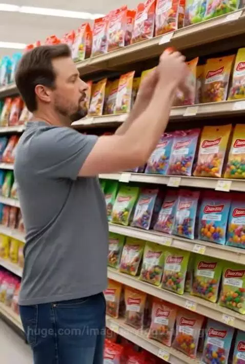 Man in grocery store happily holding a bag of jelly beans, confirming it's Red 40 free.