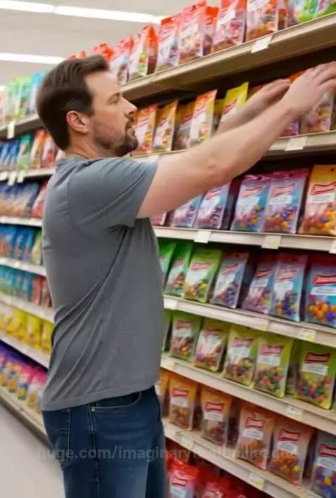Man in grocery store happily holding a bag of jelly beans, confirming it's Red 40 free.