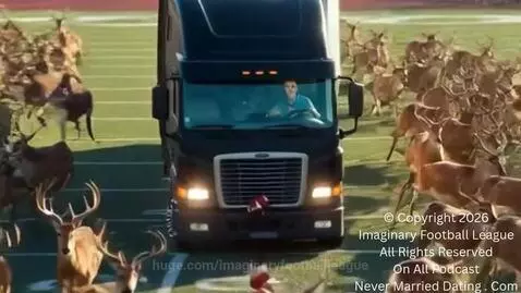 Semi-trucks and deer in football uniforms playing a chaotic game on a field.