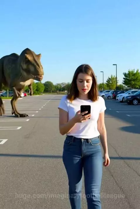 A CGI T-Rex appears to snatch a smartphone from a woman engrossed in her device in a parking lot.