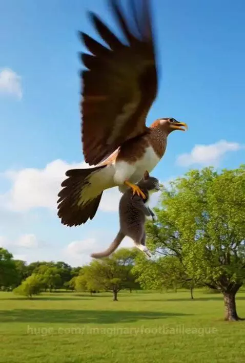 A gray and white cat being carried by a large brown and white bird as they fly over green fields.