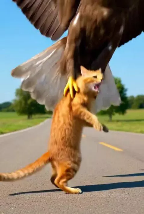 An eagle carrying a cat in its talons flies over a red convertible, then drops the cat onto the car's hood.