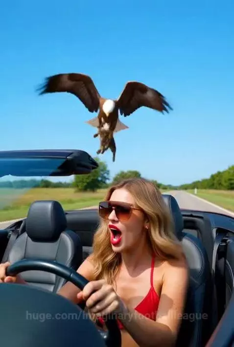A cat falls from the sky onto the hood of a red convertible driven by a woman in a bikini top.