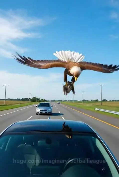 An eagle dropping a tabby cat onto the windshield of a moving car on a highway.