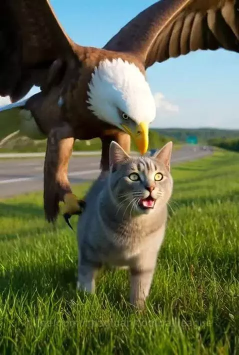 A bald eagle drops a tabby cat onto the windshield of a silver car on a highway.