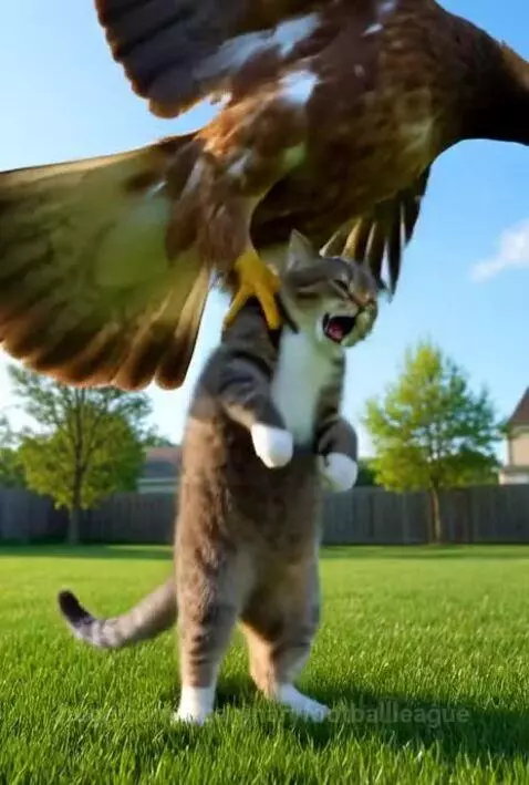 An eagle in flight carrying a tabby cat away from a green yard.