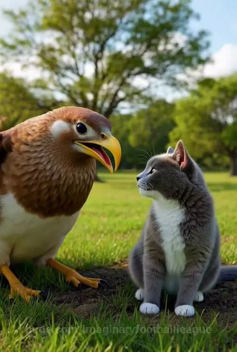 A bird swooping down to grab a surprised cat, with cars and drivers in the background.