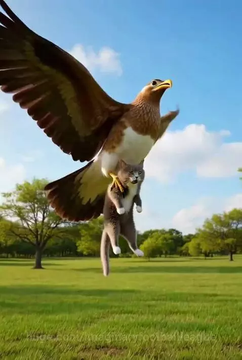 Animated eagle snatching a distressed cat, with a car and shattered windshield in the background.